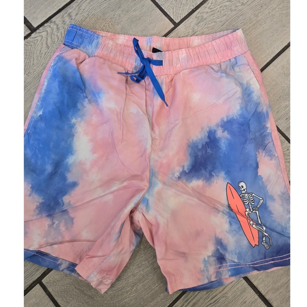 Chemistry Mens Pink Blue Tie Dye Surfing Skeleton Swim Trunks Size M UPF 50+